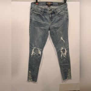 Lucky Brand 4/27  Charlie Skinny Jeans Floral Embroidered Raw Hem Distressed